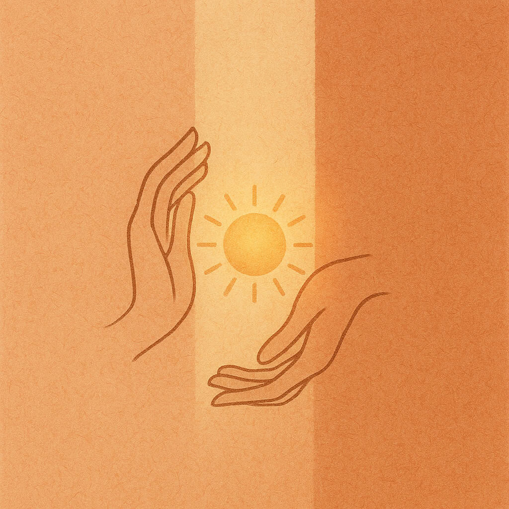 Traços finos de duas mãos em arte linear que cercam e acolhem um sol radiante e iluminado ao centro, sobre um fundo terracota com textura de papel. Simboliza o diagnóstico, o acolhimento.