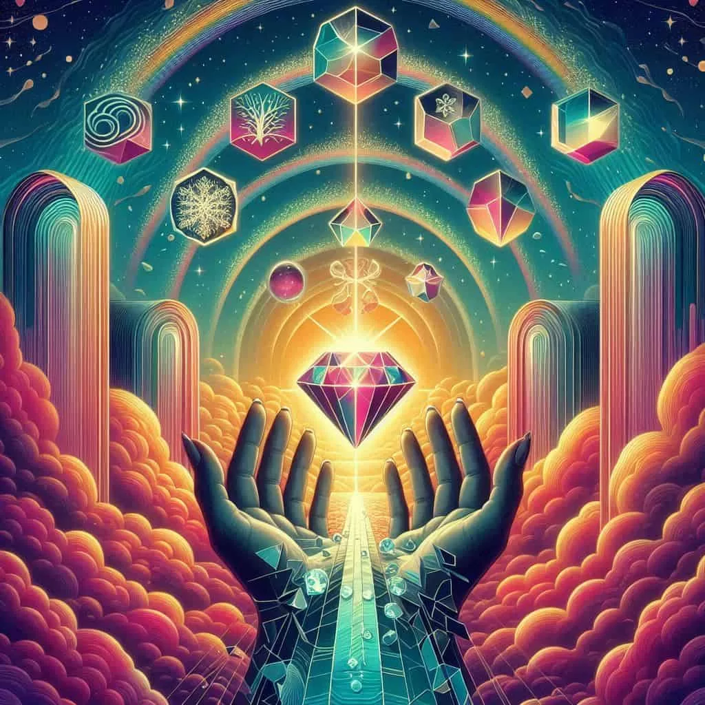 Ilustração digital de duas mãos abertas com um diamante logo acima em volta de símbolos de constelação familiar.