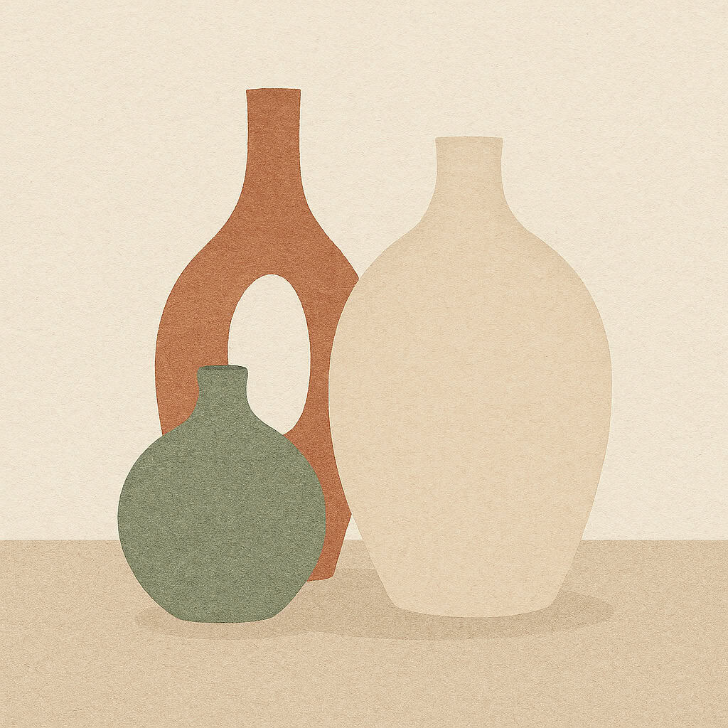 Ilustração em arte boho contendo três vasos de cerâmica com formatos e tamanhos diferentes nas cores verde-sálvia, terracota e marfim, dispostos lado a lado. Simboliza as modalidades e formatos de atendimento da constelação familiar.