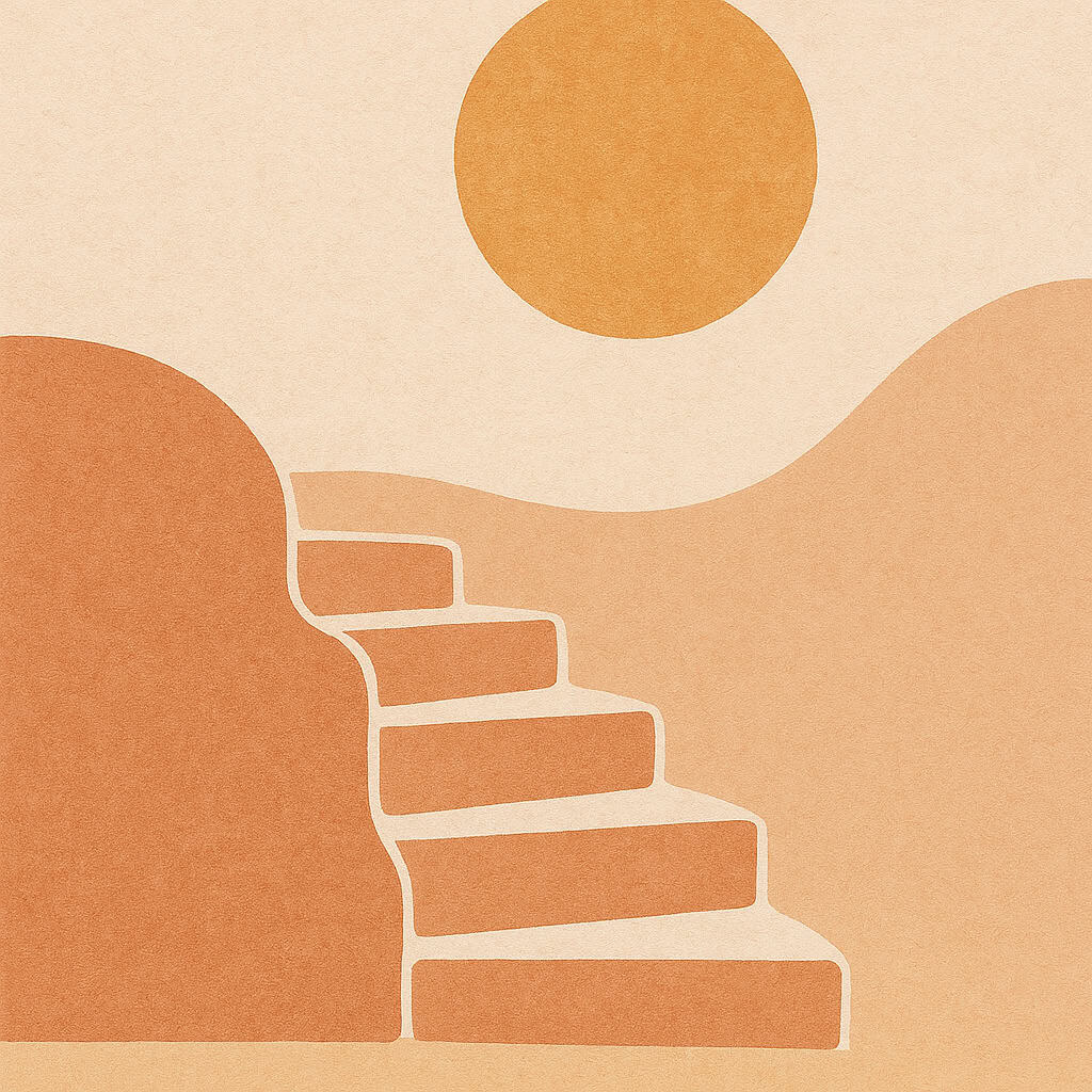Ilustração minimalista de uma escada esculpida em uma colina de tons terracota e pêssego, subindo em direção a um grande sol dourado no topo. Representação conceitual de como funciona uma sessão de constelação familiar passo a passo.