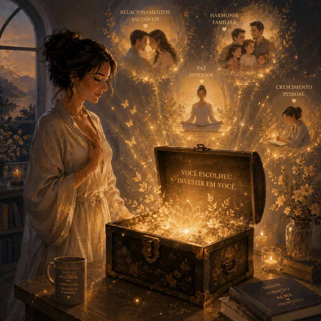 Ilustração simbólica sobre o preço da constelação familiar, mostrando crescimento pessoal e harmonia familiar como investimento emocional.