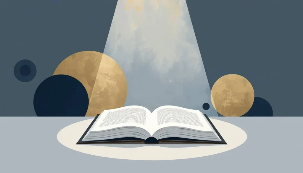 Livro aberto sobre uma superfície clara, iluminado por um feixe de luz central com esferas douradas ao redor.