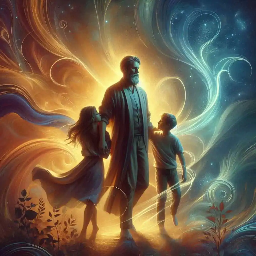 Um pai andando com seus dois filhos, representando o arquétipo do pai na constelação familiar neste guia.