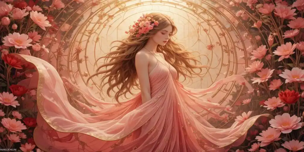 Ilustração mostrando uma mulher em meio as flores rosas simbolizando o arquétipo do amante.