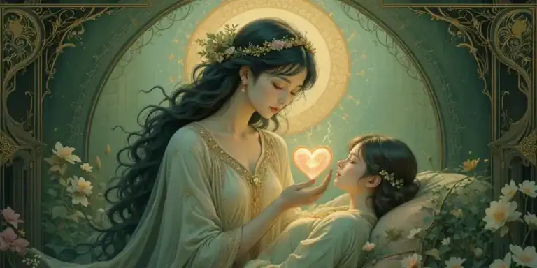 Ilustração de uma mulher com um coração na mão ajudando uma pessoa, representando o arquétipo do cuidador.