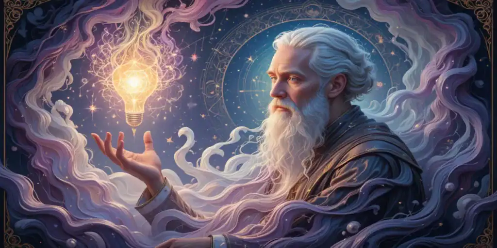 Um homem velho com barba e cabelos brancos simbolizando o arquétipo do criador.