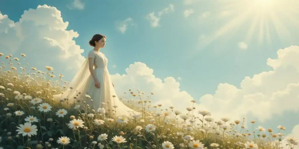 Ilustração Art Nouveau mística do arquétipo “Inocente”, com figura serena em um campo iluminado, cercada por luz branca suave e atmosfera de pureza e esperança.