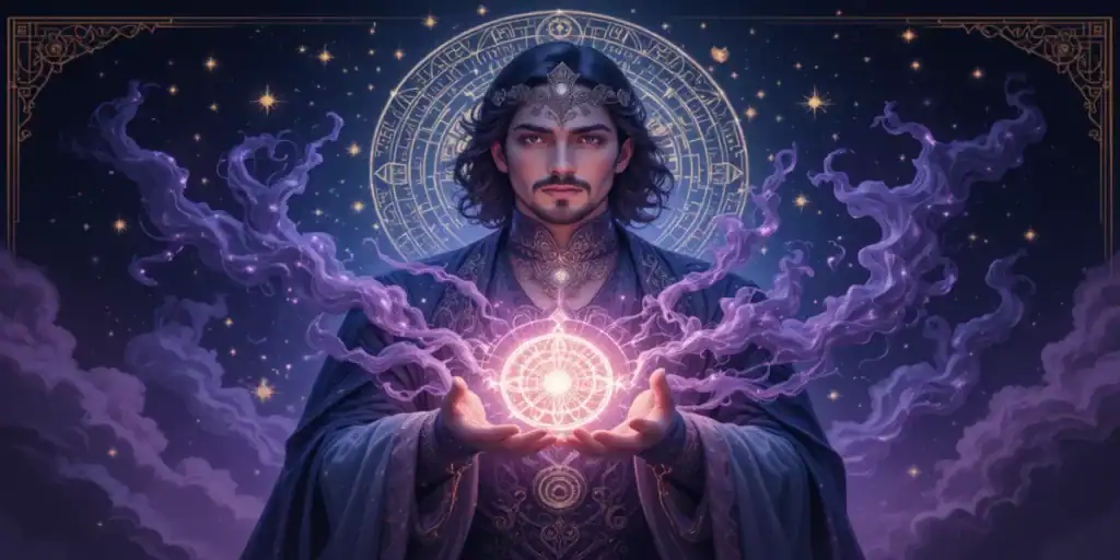 Ilustração Art Nouveau mística do arquétipo “Mago”, mostrando figura envolta em luz que orbita as mãos, com símbolos sagrados e atmosfera de transformação e visão.