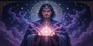 Ilustração em art noveau de um mago com roupas roxas segurando uma esfera de energia nas mãos representando o arquétipo do mago.