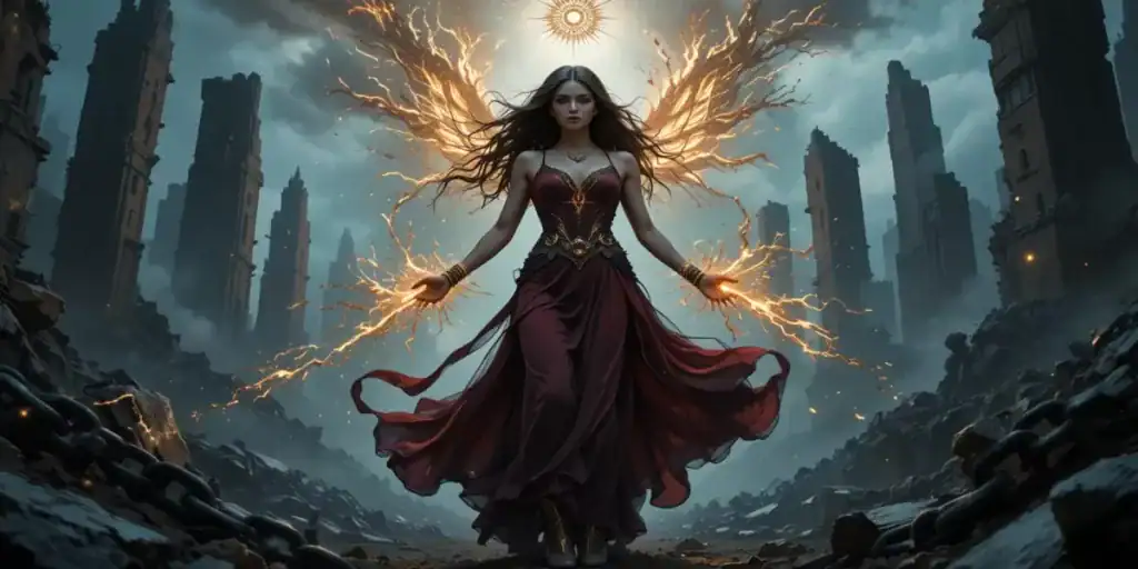 Ilustração Art Nouveau dramática do arquétipo “Rebelde”, com figura desafiadora diante de estruturas quebradas e faíscas de transformação, evocando coragem e ruptura.