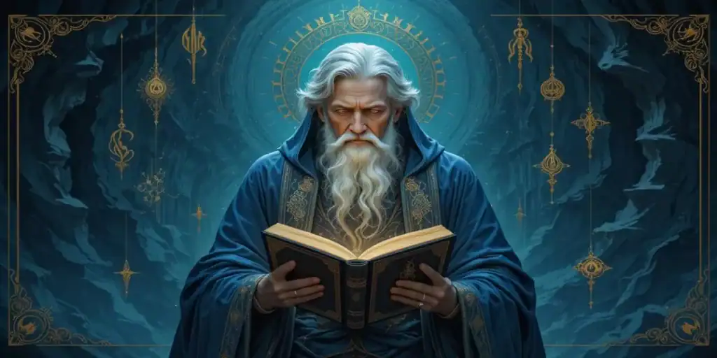 Ilustração Art Nouveau elegante do arquétipo “Sábio”, mostrando um guia idoso segurando um livro antigo, com símbolos de conhecimento flutuando ao redor em tons de azul profundo e dourado.