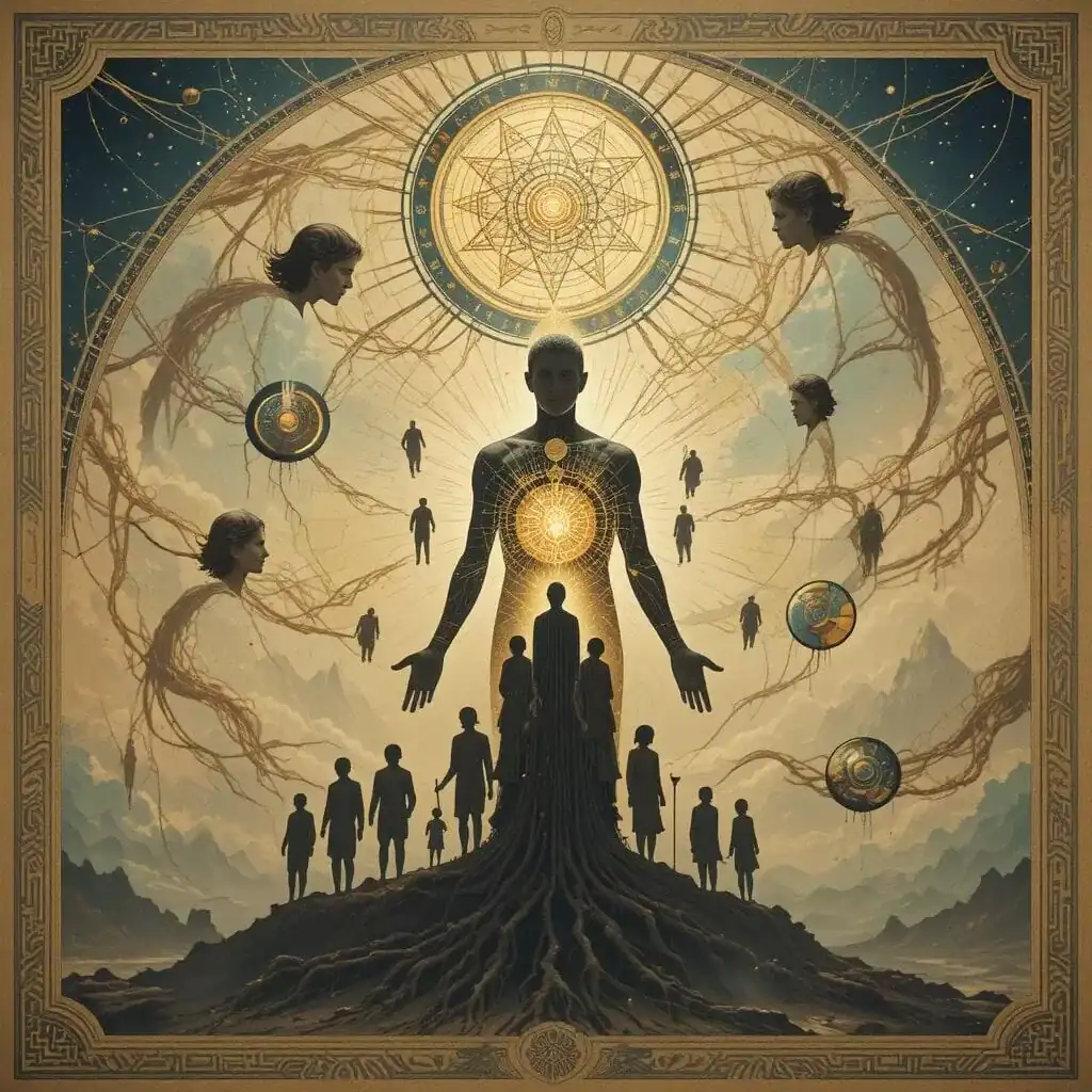 Ilustração simbólica dos arquétipos da psicologia junguiana aplicada à constelação familiar e aos padrões inconscientes herdados.