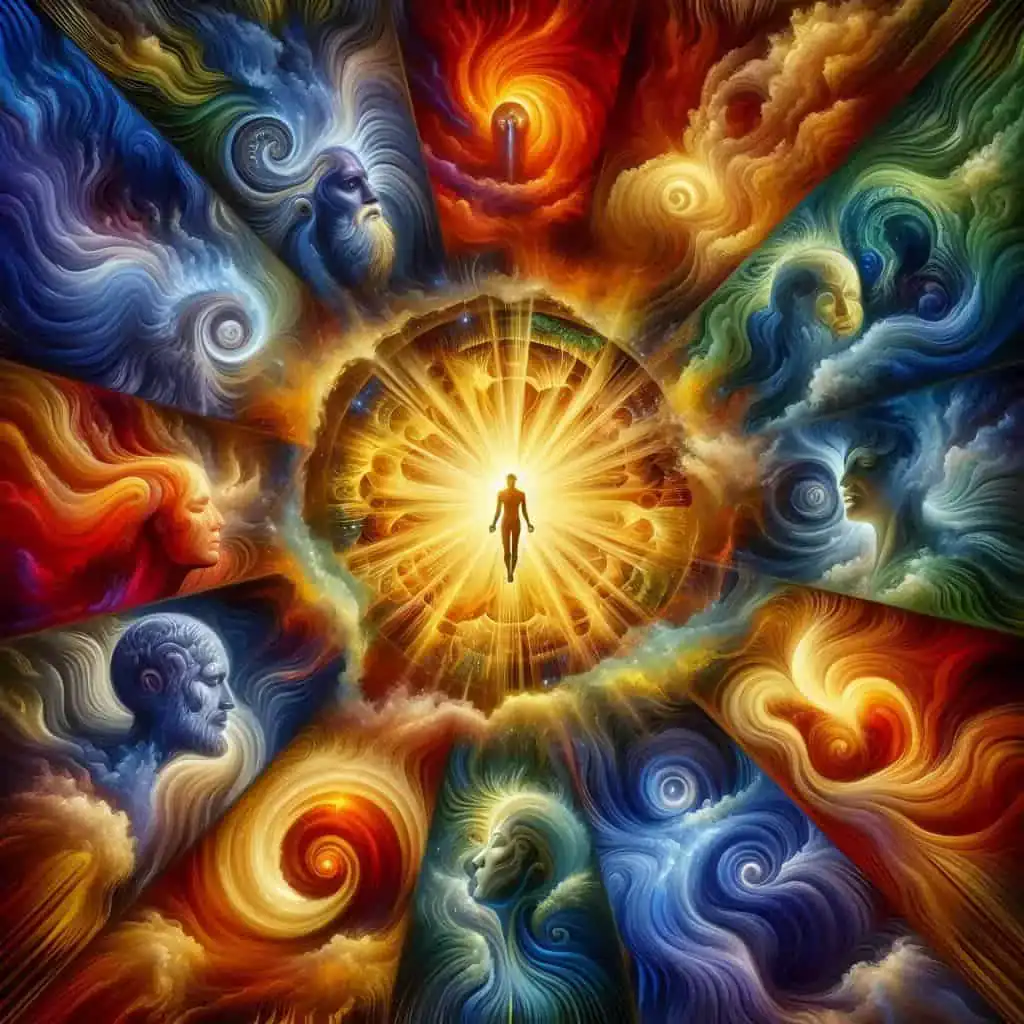 Representação visual de arquétipos, mostrando figuras simbólicas como o herói, o sábio, o amante e o criador em um cenário surreal e colorido.