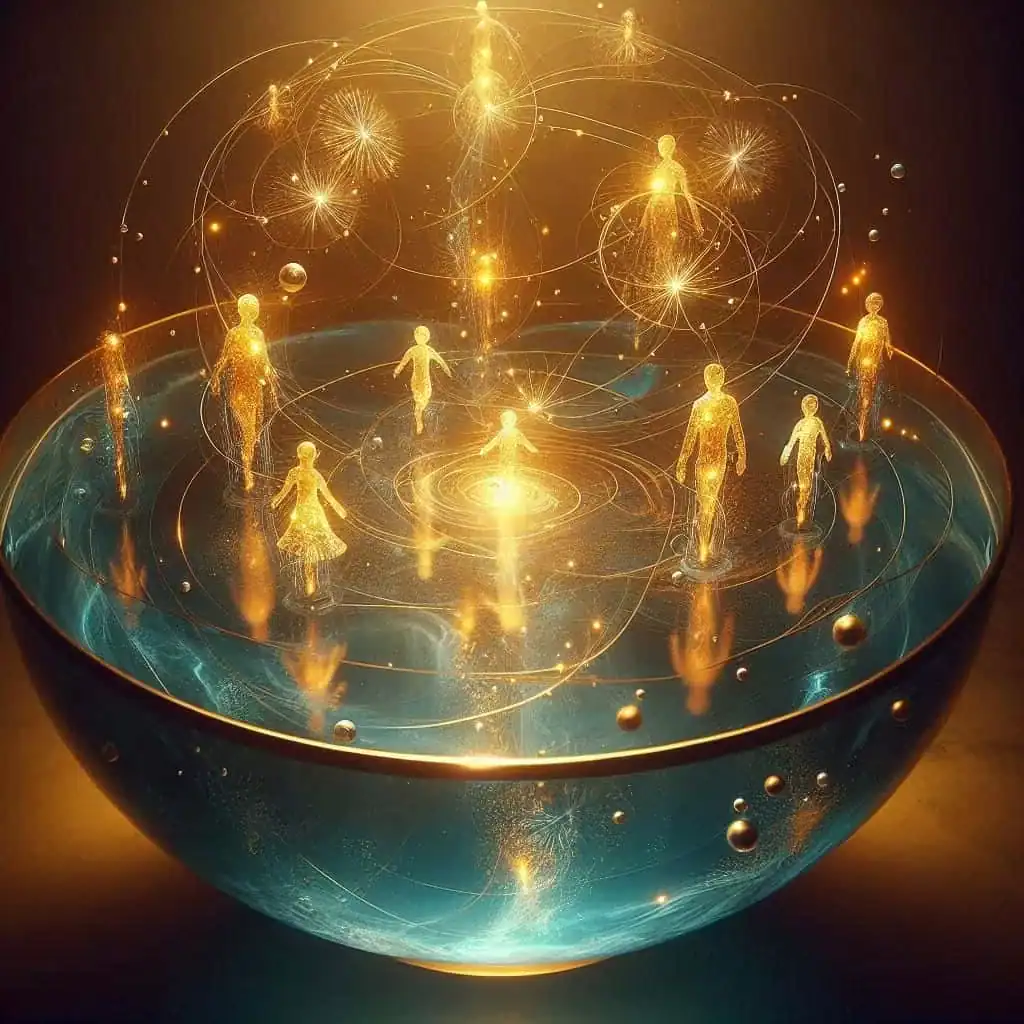 Bonecos flutuando em uma vasilha com água representando o método de constelação familiar na água.