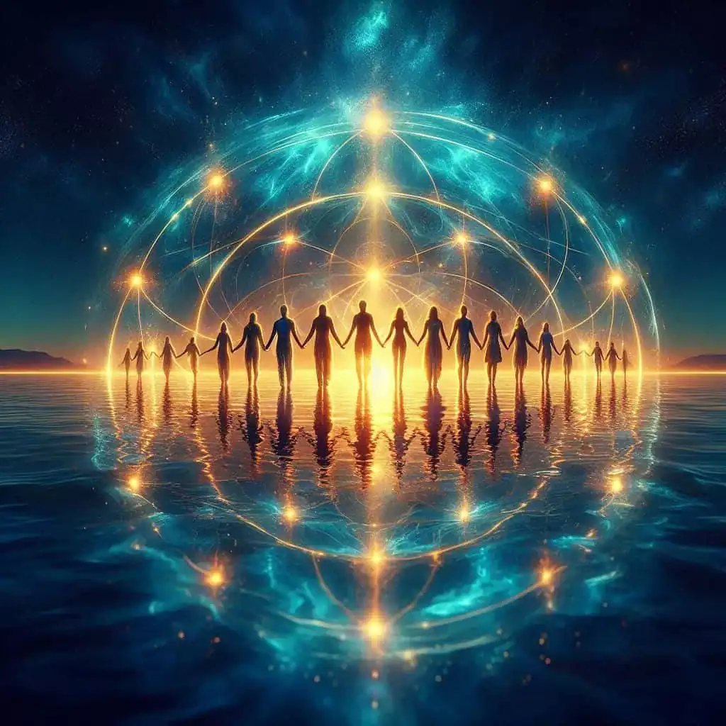 Várias pessoas de mãos dadas na água em meio de vários ícones e representações de constelação familiar na água.
