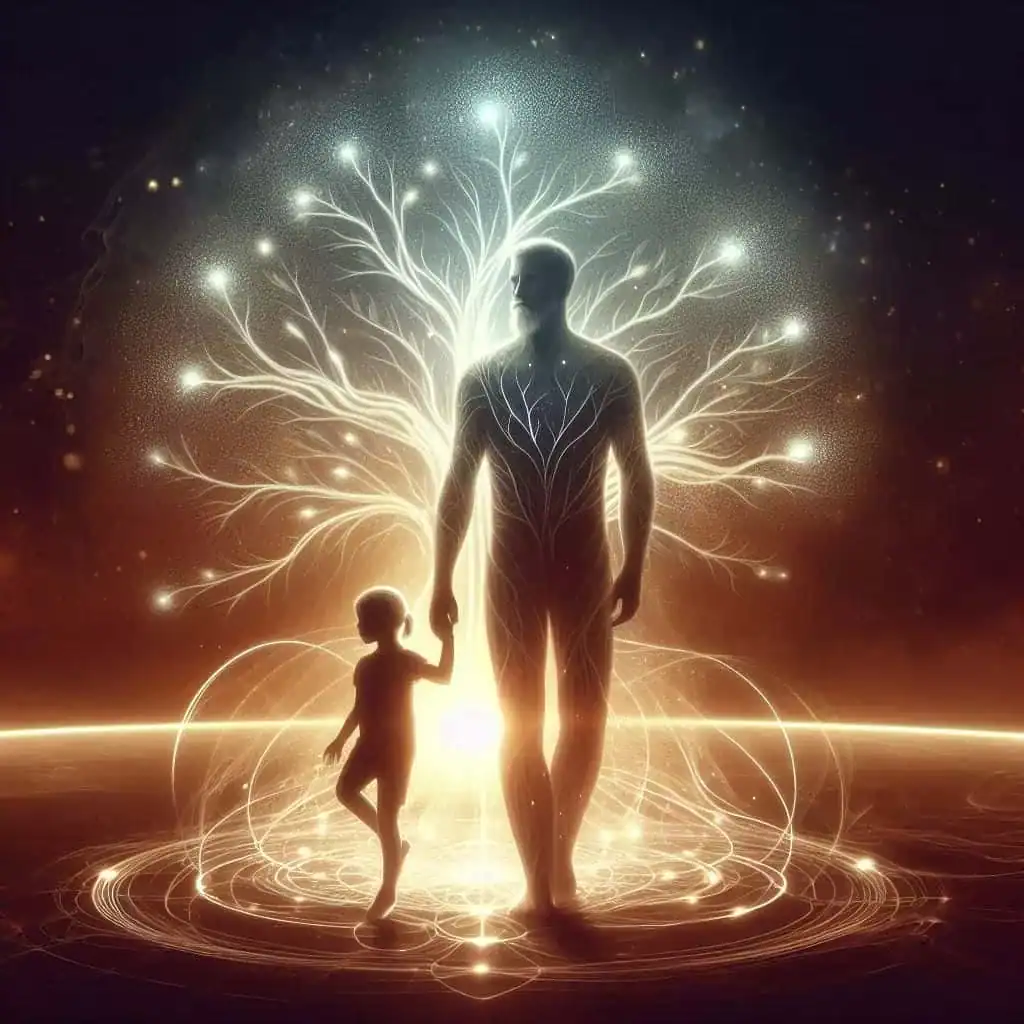 Ilustração de um pai segurando na mão da filha na constelação familiar.