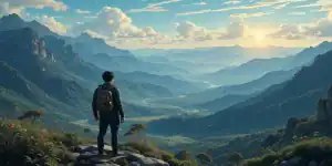 Uma pessoa de costas olhando para um vale montanhosos representando o arquétipo do explorador e o início de uma jornada.