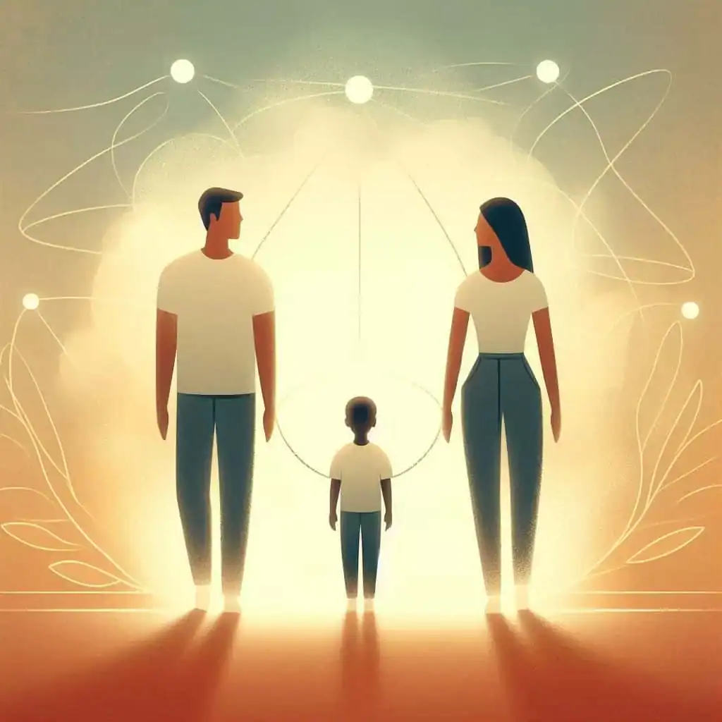 Ilustração minimalista de um filho em meio a um pai e uma mãe no guia de constelação familiar.