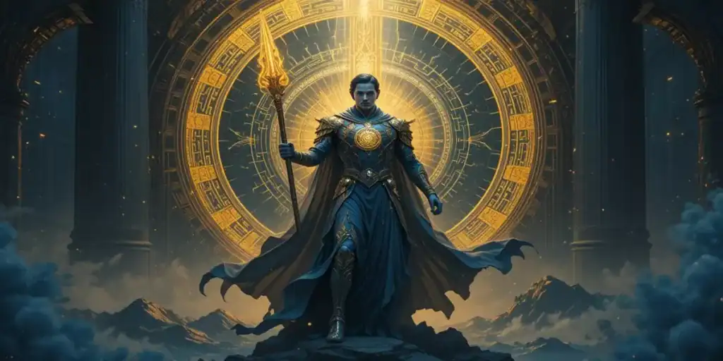 Ilustração Art Nouveau luminosa do arquétipo “Herói”, com guerreiro ereto segurando uma lança brilhante, iluminado por luz intensa que simboliza força e coragem.