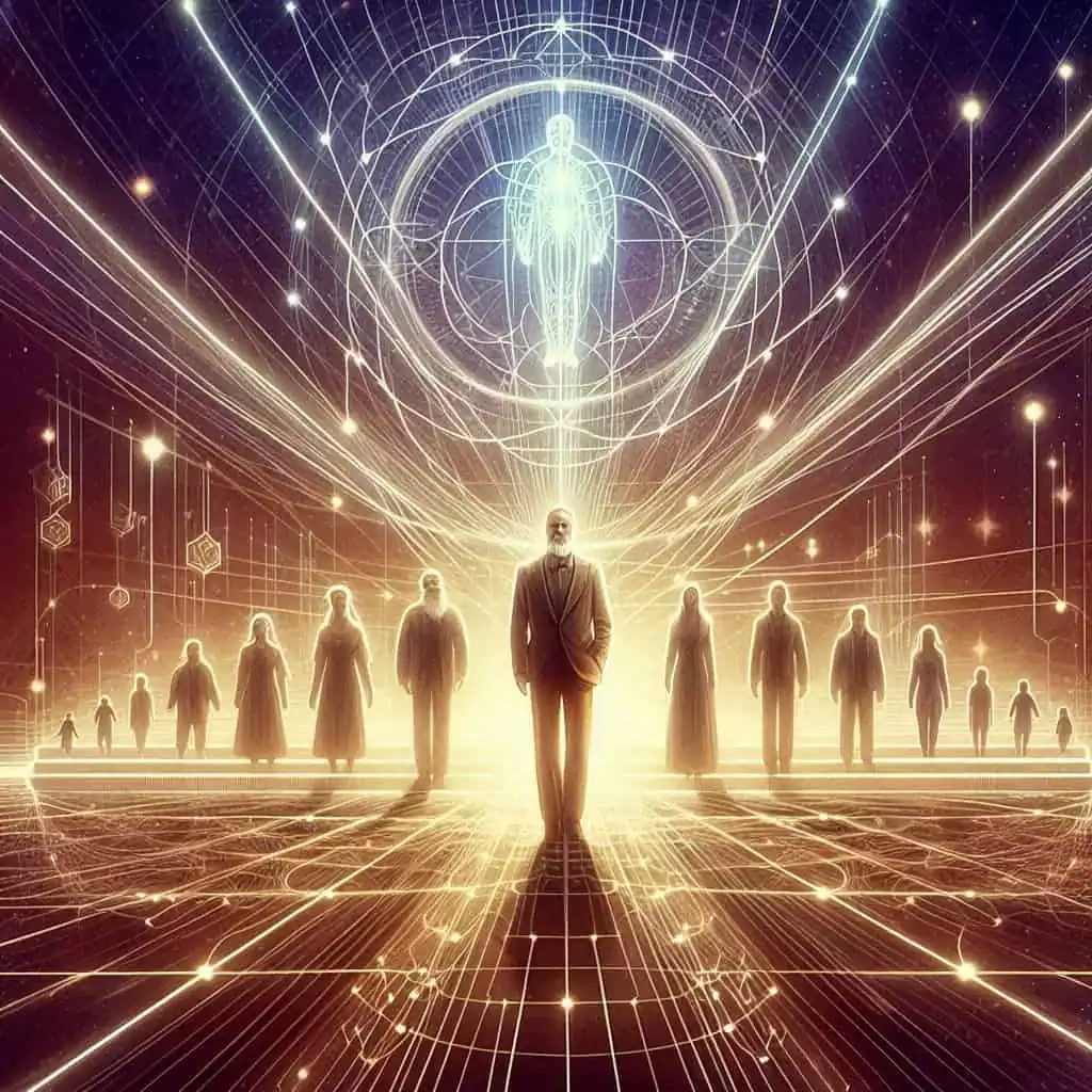 Ilustração de várias figuras simbolizando o pai nas constelações familiares e o processo de cura emocional.