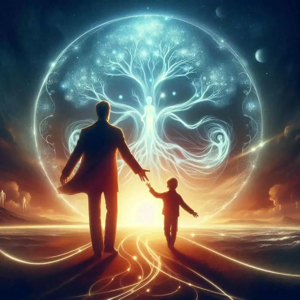 Ilustração de um pai com seu filho, indo em direção a uma árvore iluminada representando o pai na constelação familiar. 