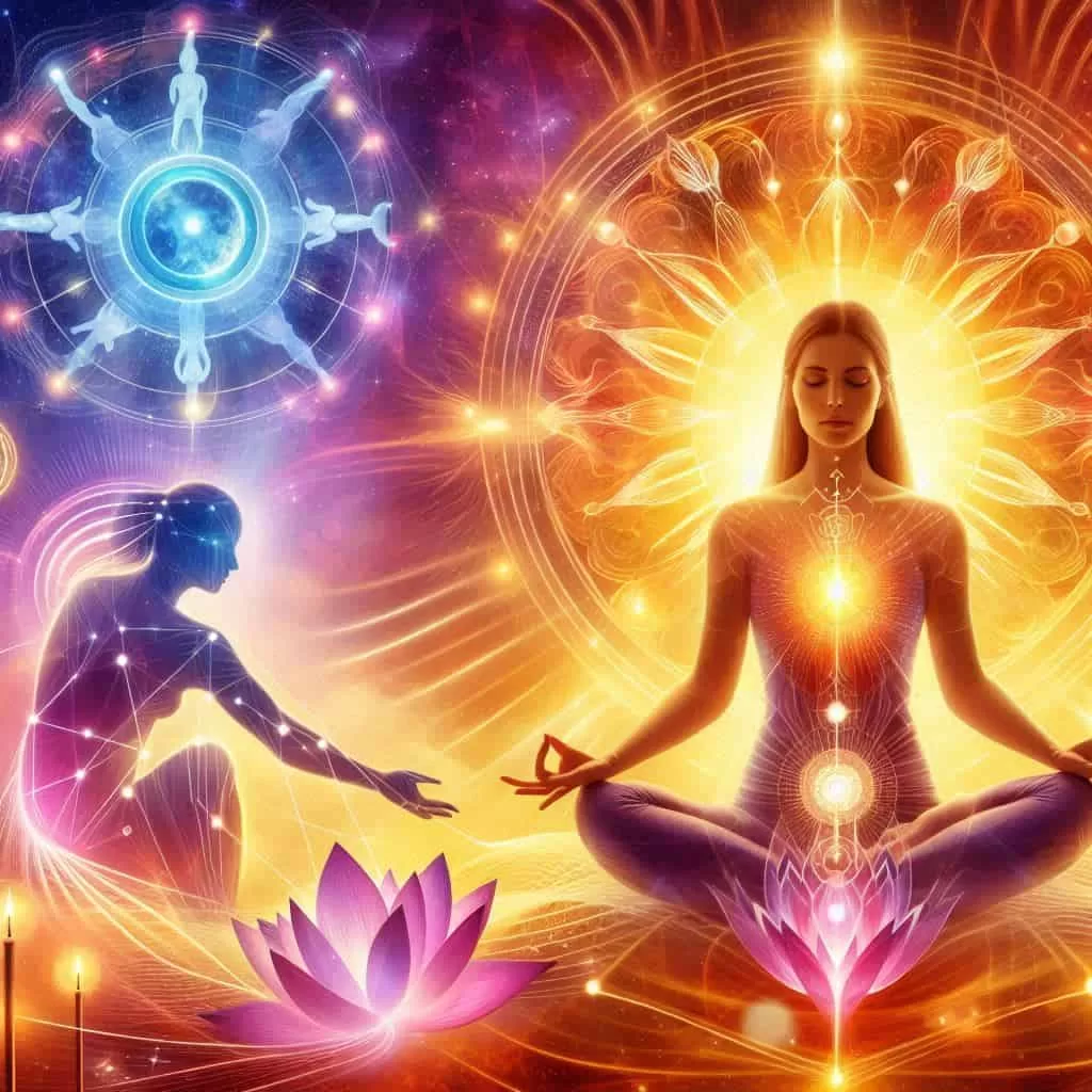 Imagem representando a terapia holística com vários símbolos de yoga, reiki e outras terapias .