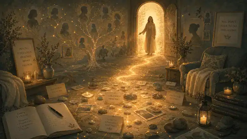 Uma sala com itens no chão, uma porta aberta e uma figura feminina acolhedora e iluminada entrando.